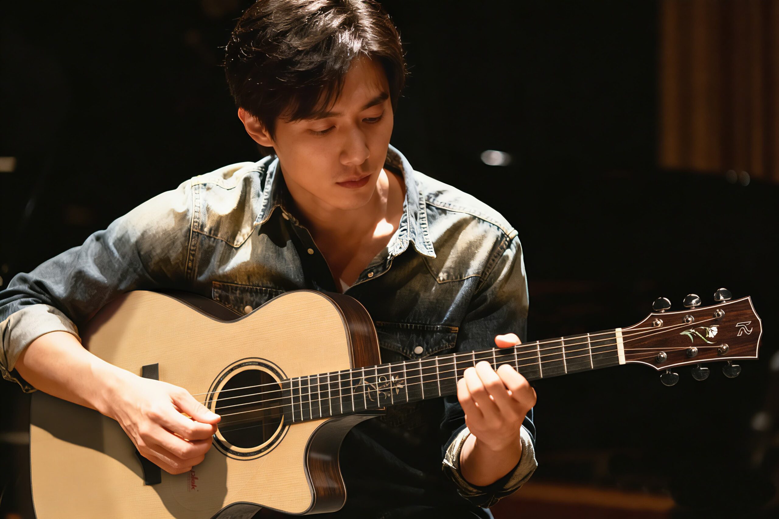 Participant focused on playing acoustic guitar