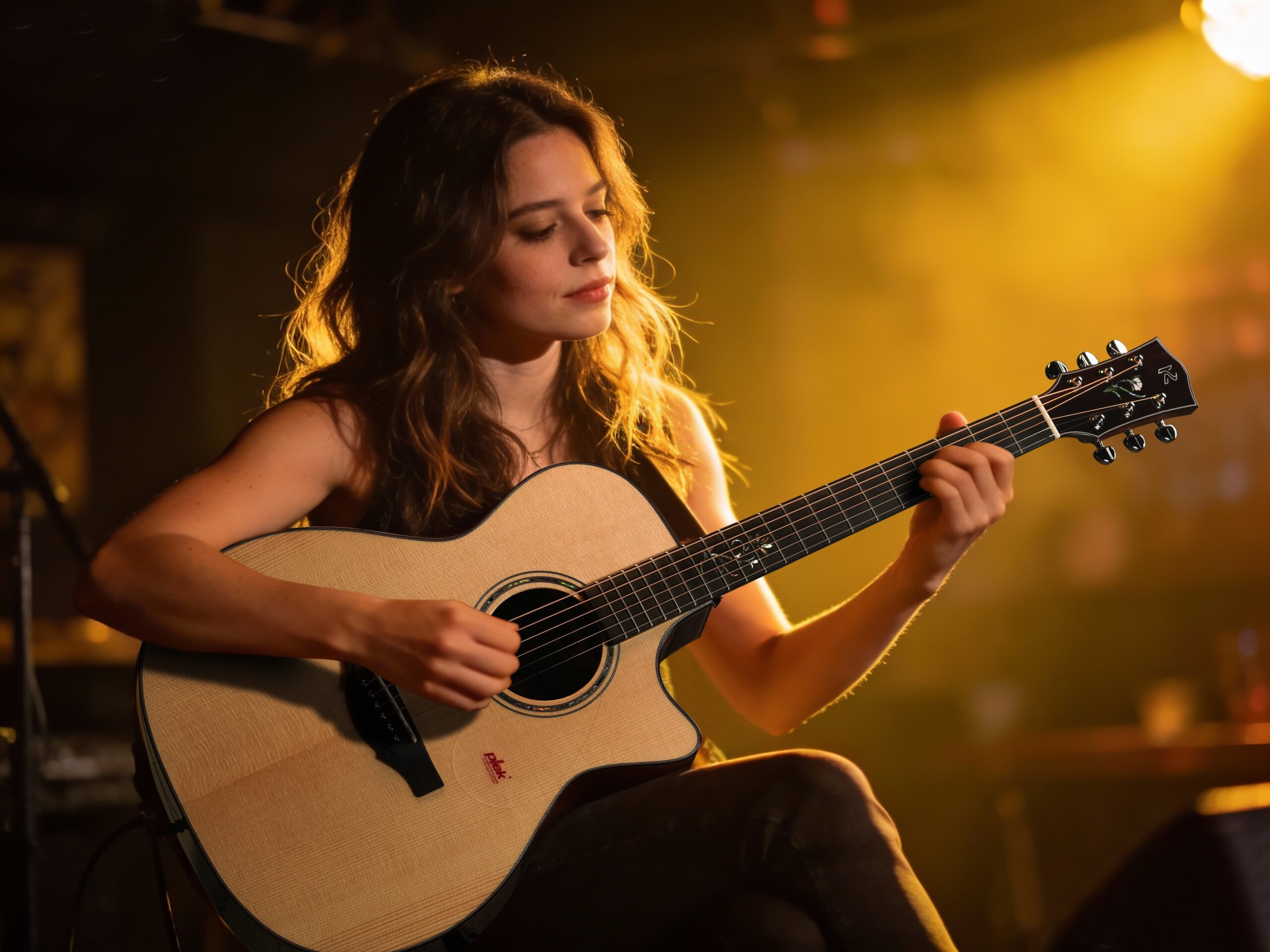 Acoustic guitarist under the spotlight