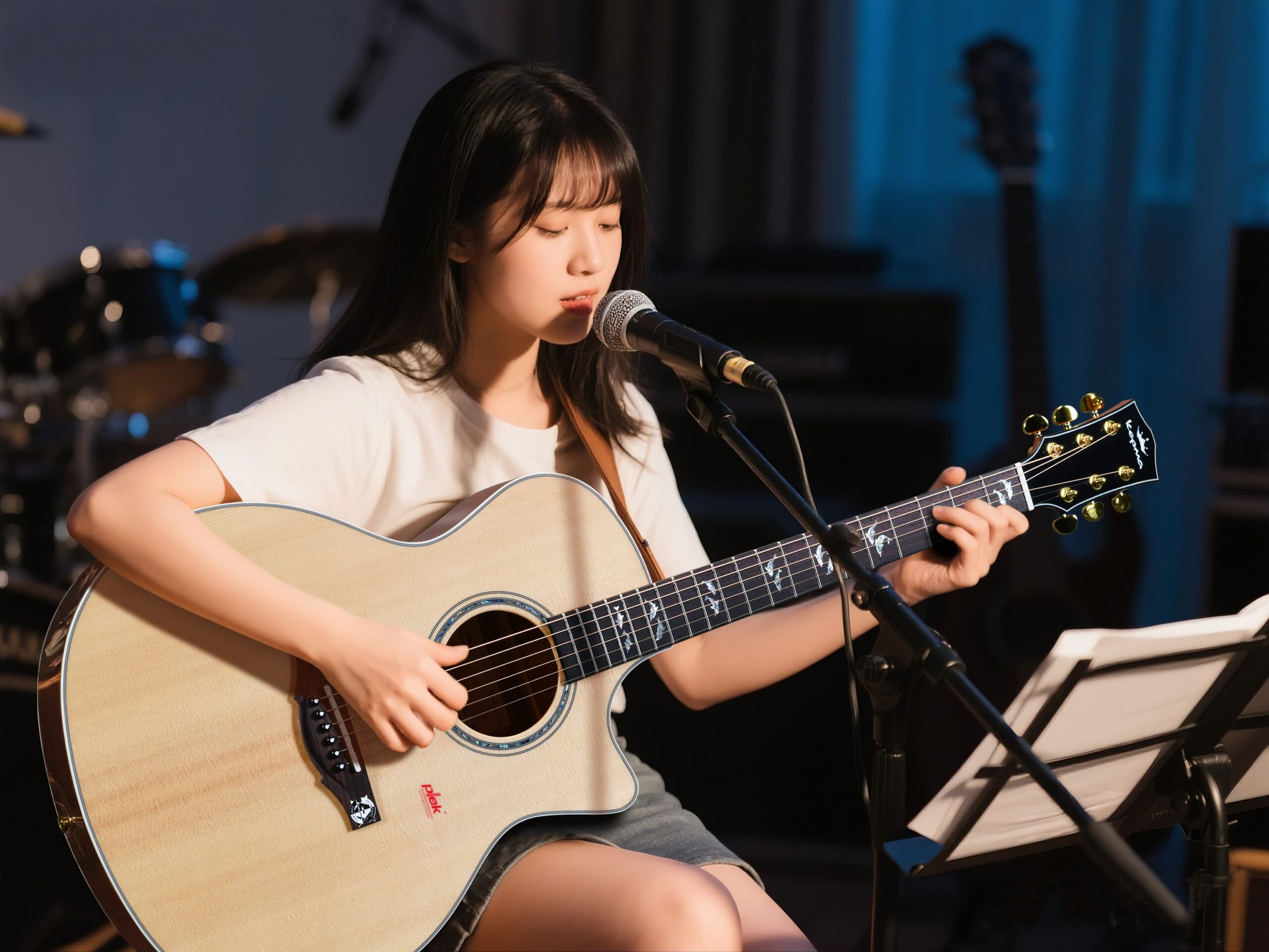 Acoustic guitarist singing on stage