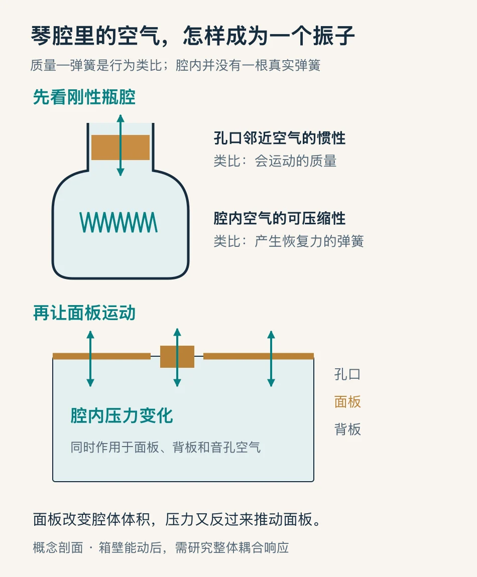 用瓶口空气惯性和腔内压缩弹性解释亥姆霍兹共振,并示意面板与空气双向耦合