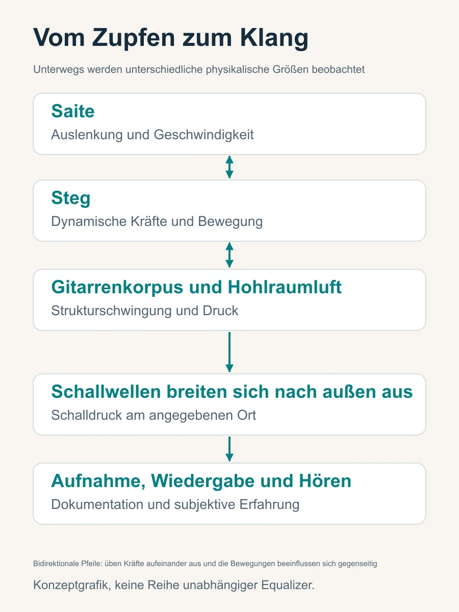 Akustische Signalroute der Akustikgitarre: Die Saiten und der Gitarrenkörper sind bidirektional gekoppelt, und die Schallwellen gelangen durch Aufnahme und Wiedergabe in das Gehör