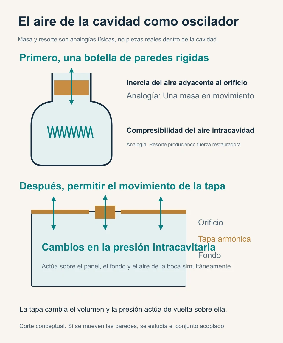 Utilice la inercia del aire en la boca de la botella y la elasticidad de compresión intracavidad para explicar la resonancia de Helmholtz e ilustrar el acoplamiento bidireccional entre el panel y el aire.
