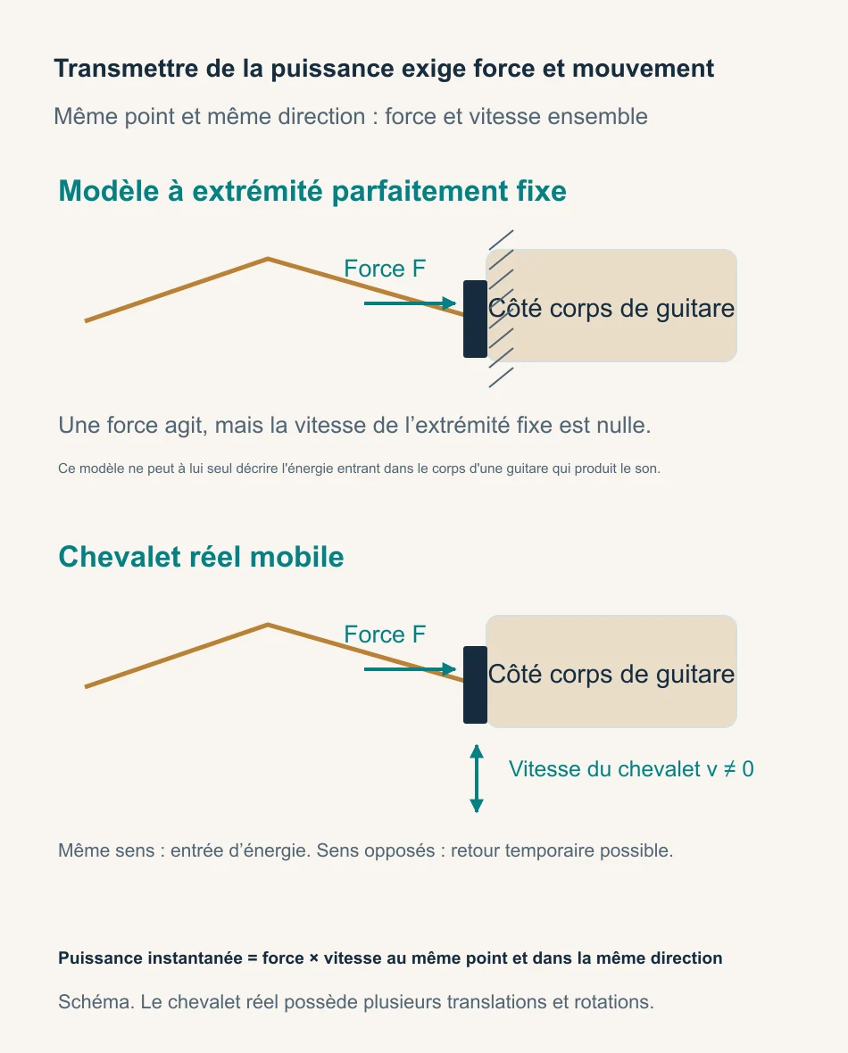 Comparaison entre extrémité fixe et chevalet mobile : la puissance dépend de la force et de la vitesse au même point et dans la même direction