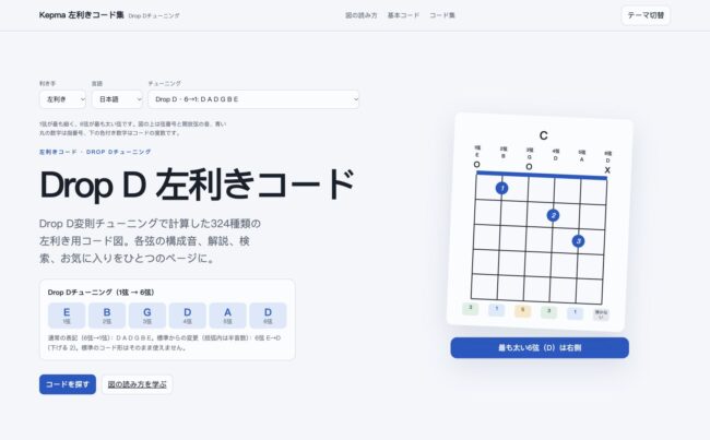 Drop Dの左利きギターコード集ページのスクリーンショット。1→6弦：E B G D A D