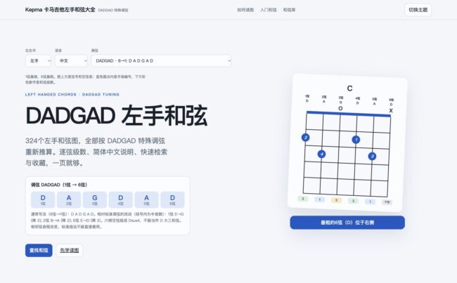 DADGAD调弦的左手和弦大全页面截图，1→6弦音高为D A G D A D