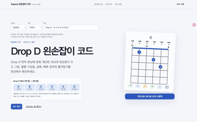 Drop D 왼손잡이 기타 코드 페이지 화면. 1→6번 줄: E B G D A D
