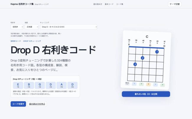 Drop Dの右利きギターコード集ページのスクリーンショット。1→6弦：E B G D A D