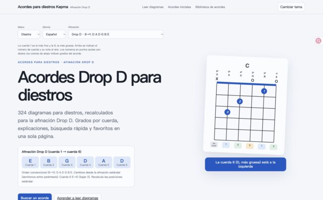 Captura de acordes para diestros en Drop D. Cuerdas 1–6: E B G D A D