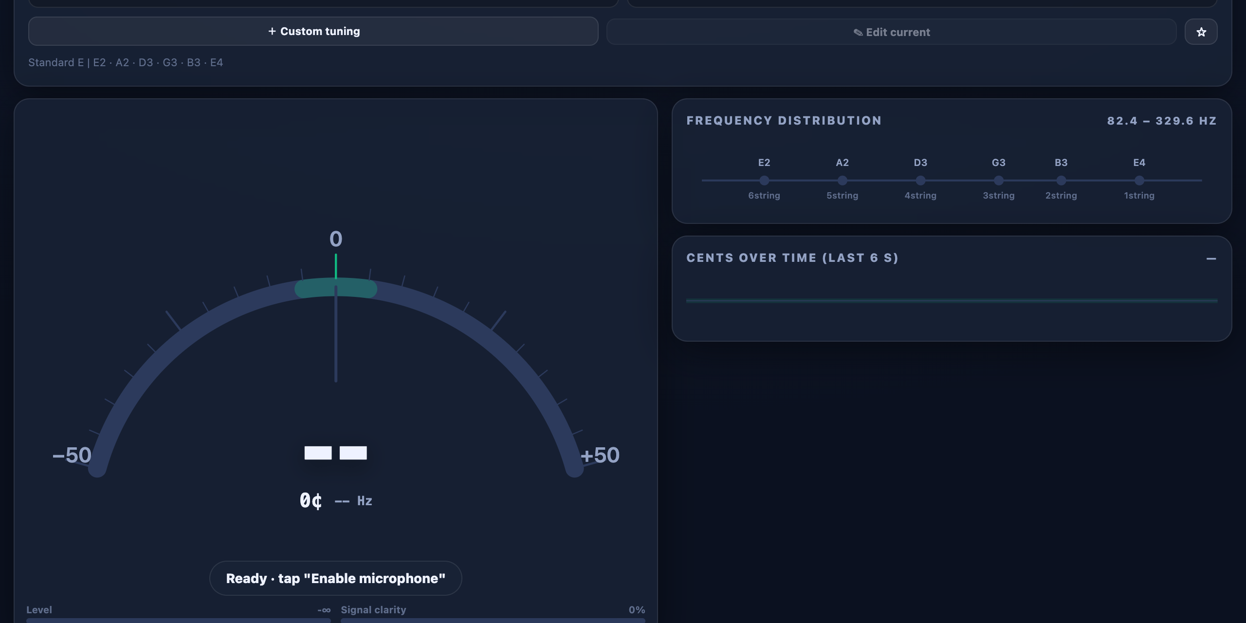 Kepma Online Tuner — chromatic strobe tuner interface Interface of the Kepma browser tuner: chromatic mode, cent-scale needle, frequency distribution by string, and a cents-over-time chart