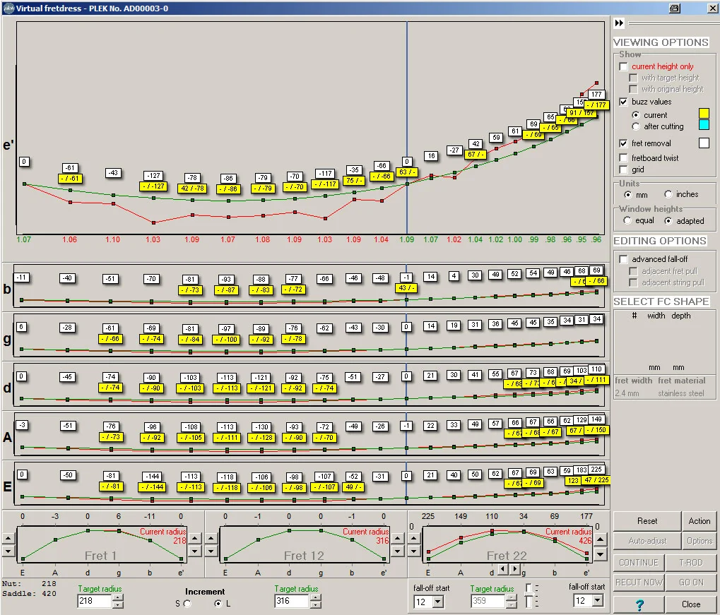 Virtual Fret Dress: Vorschau vor dem Schneiden – Virtual Fret Dress (VFD) zeigt eine Vorschau eines Arbeitsplans in der Software an, bevor mit der physischen Bearbeitung begonnen wird.
