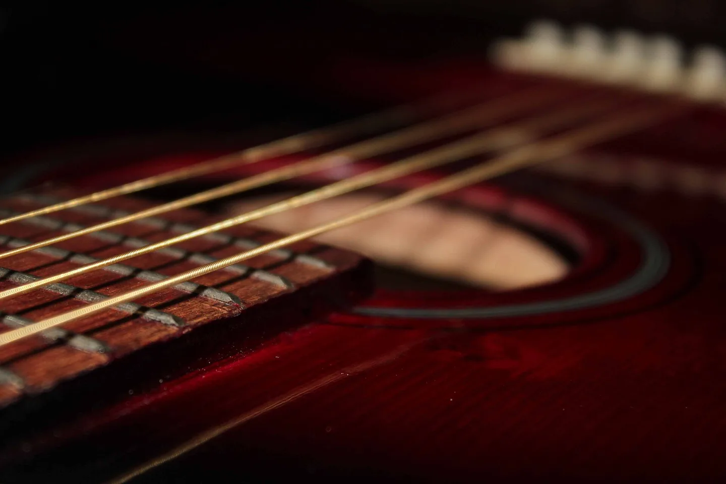 Detail des Griffbretts, der Bünde und der Saiten einer Akustikgitarre