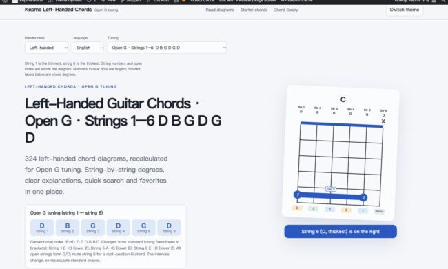Open G left-handed guitar chords page screenshot, strings 1–6: D B G D G D
