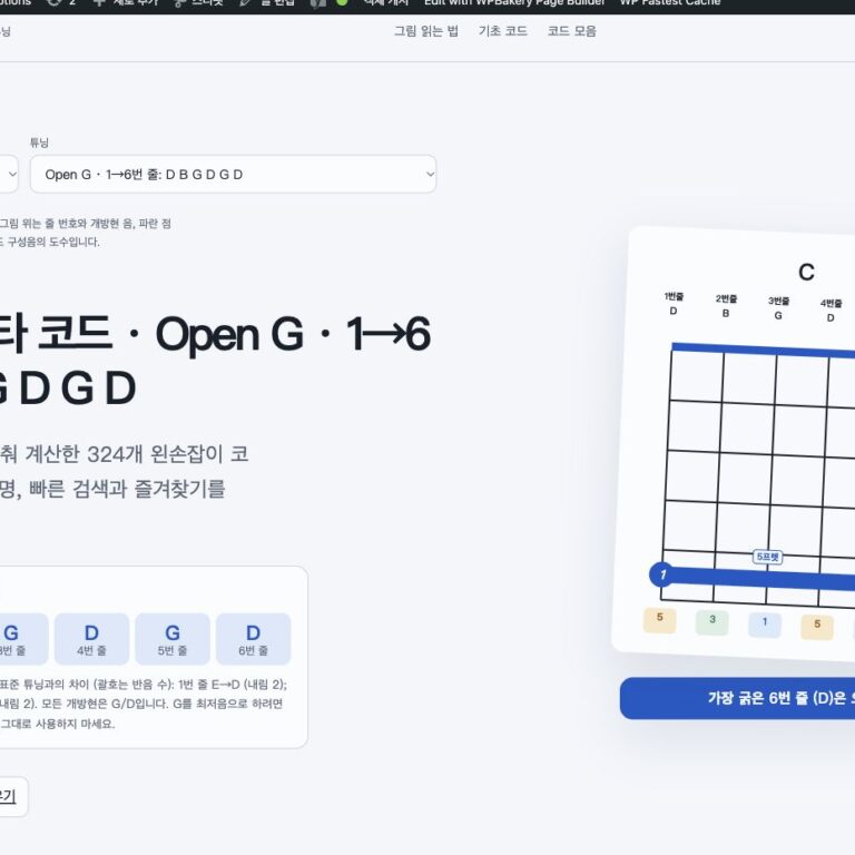 Open G 왼손잡이 기타 코드 페이지 화면. 1→6번 줄: D B G D G D