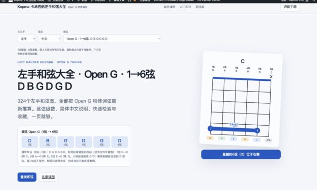 Open G调弦的左手和弦大全页面截图，1→6弦音高为D B G D G D