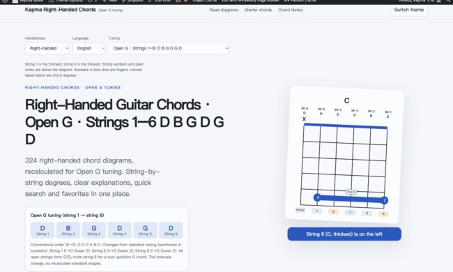 Open G right-handed guitar chords page screenshot, strings 1–6: D B G D G D