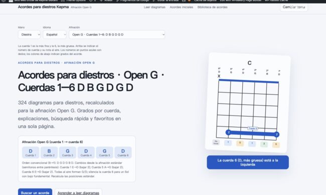 Captura de acordes para diestros en Open G. Cuerdas 1–6: D B G D G D