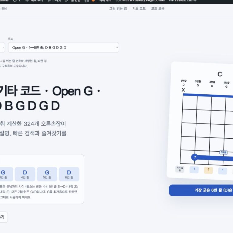 Open G 오른손잡이 기타 코드 페이지 화면. 1→6번 줄: D B G D G D