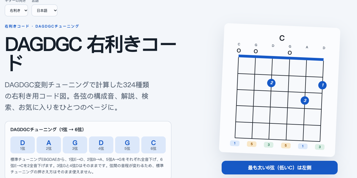 右利きギターコード集 · DAGDGCチューニング — DAGDGCコードページのファーストビュー