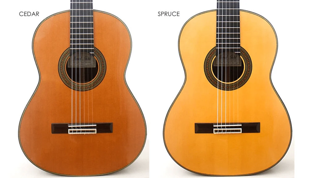 Farbvergleich zwischen einer Zedern- und einer Fichtendecke: Vorderansichten zweier klassischer Gitarren